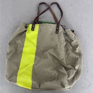 J.Crew Canvas Tote Bag Olive Green w/ Neon Vertical Stripe Leather handles